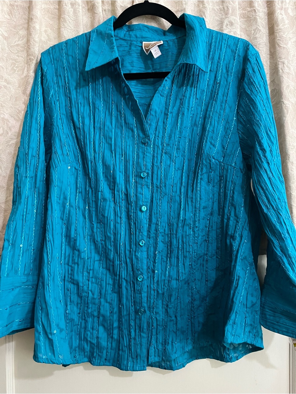 S14 JM Collection Teal Shimmery Button-Front Shirt
